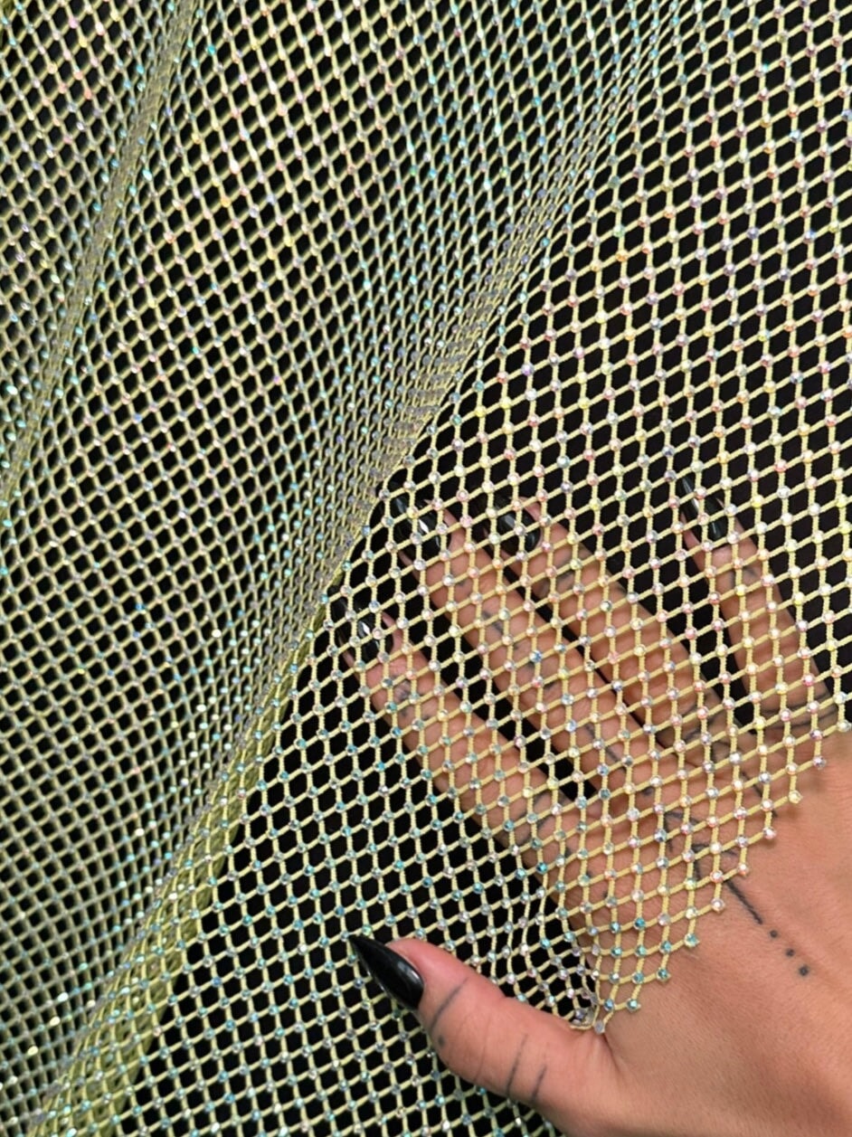 Yellow Rhinestone Diamond Fishnet Mesh