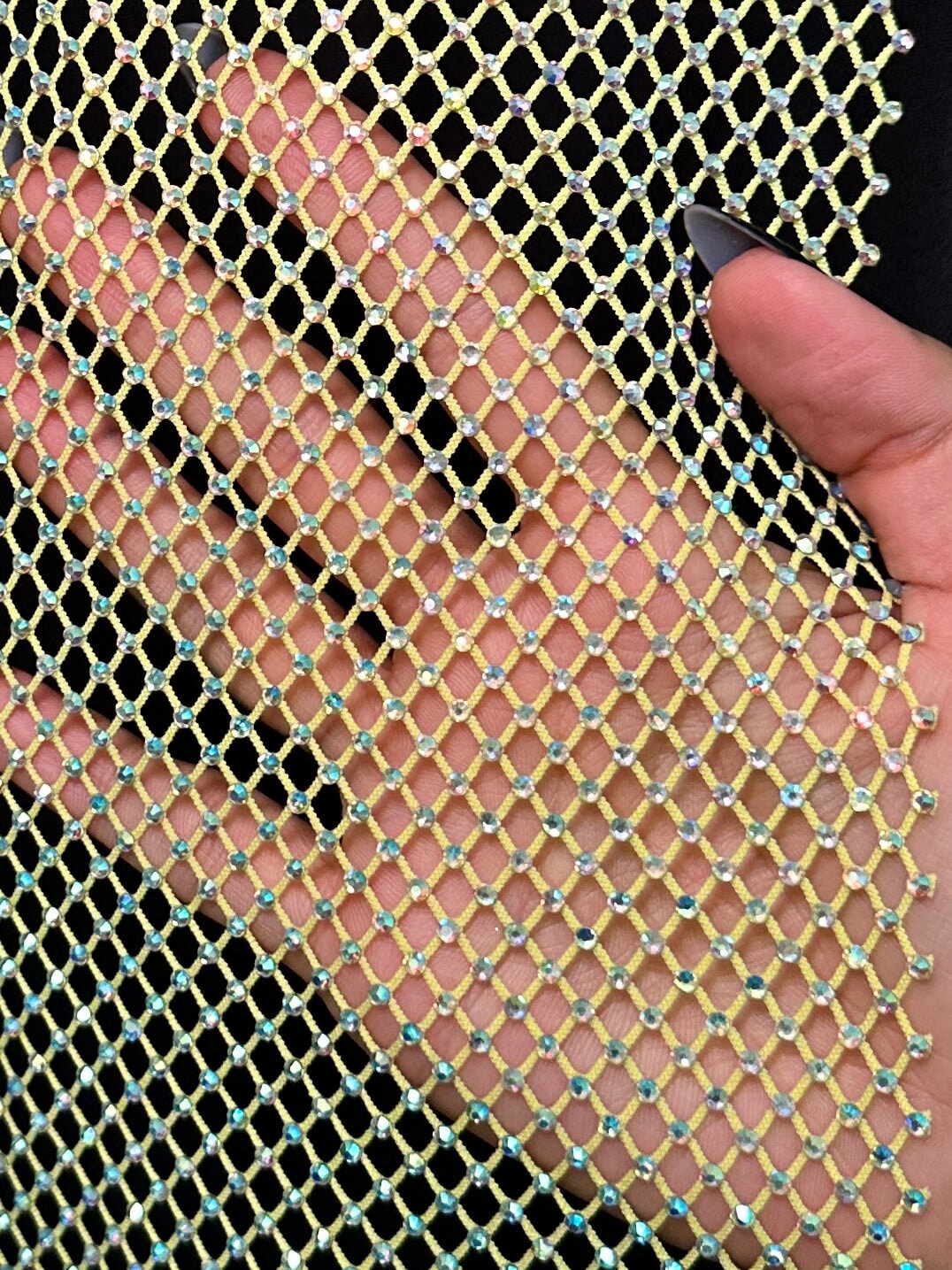 Yellow Rhinestone Diamond Fishnet Mesh