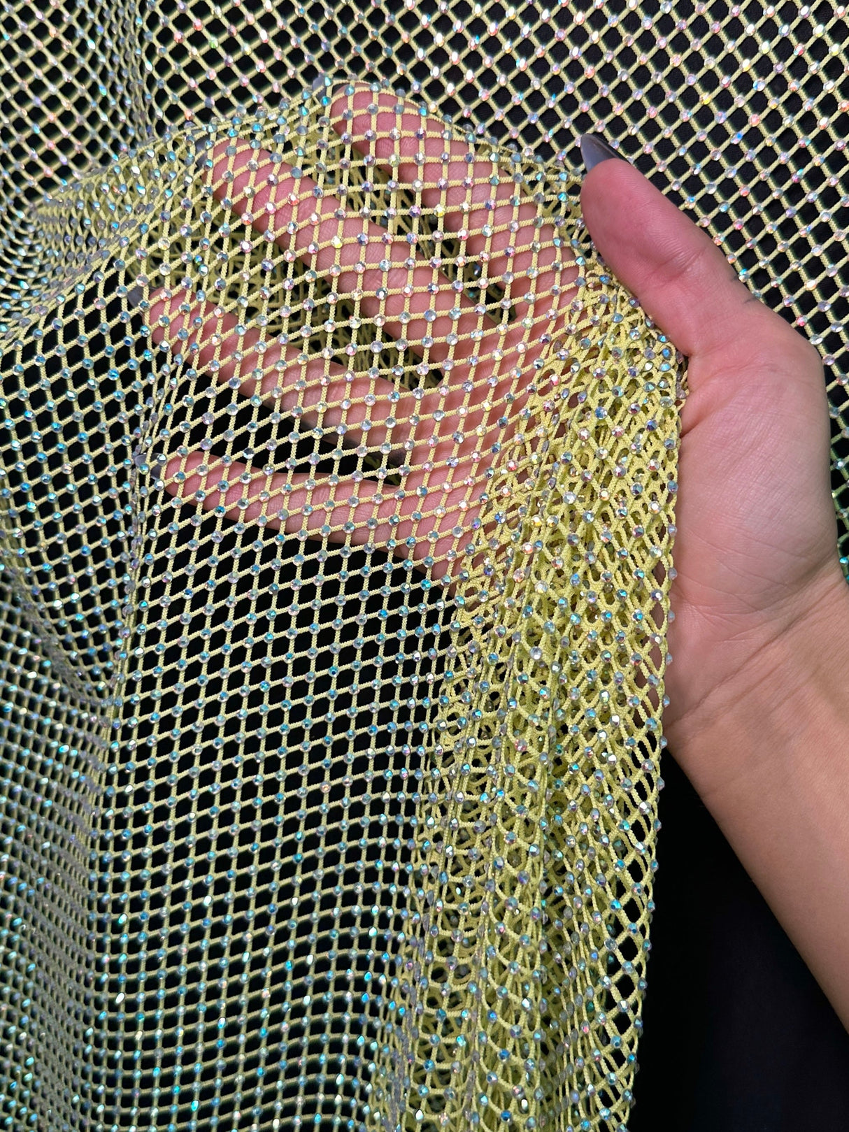 Yellow Rhinestone Diamond Fishnet Mesh