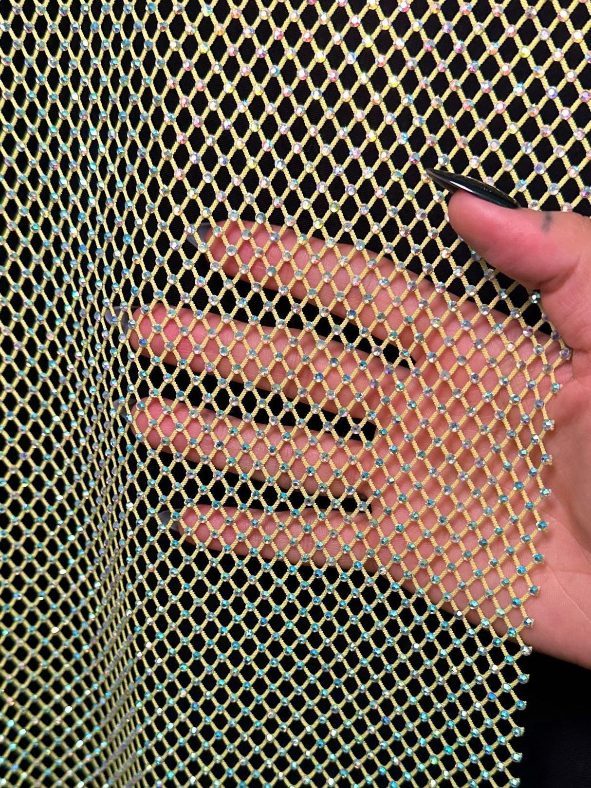 Yellow Rhinestone Diamond Fishnet Mesh