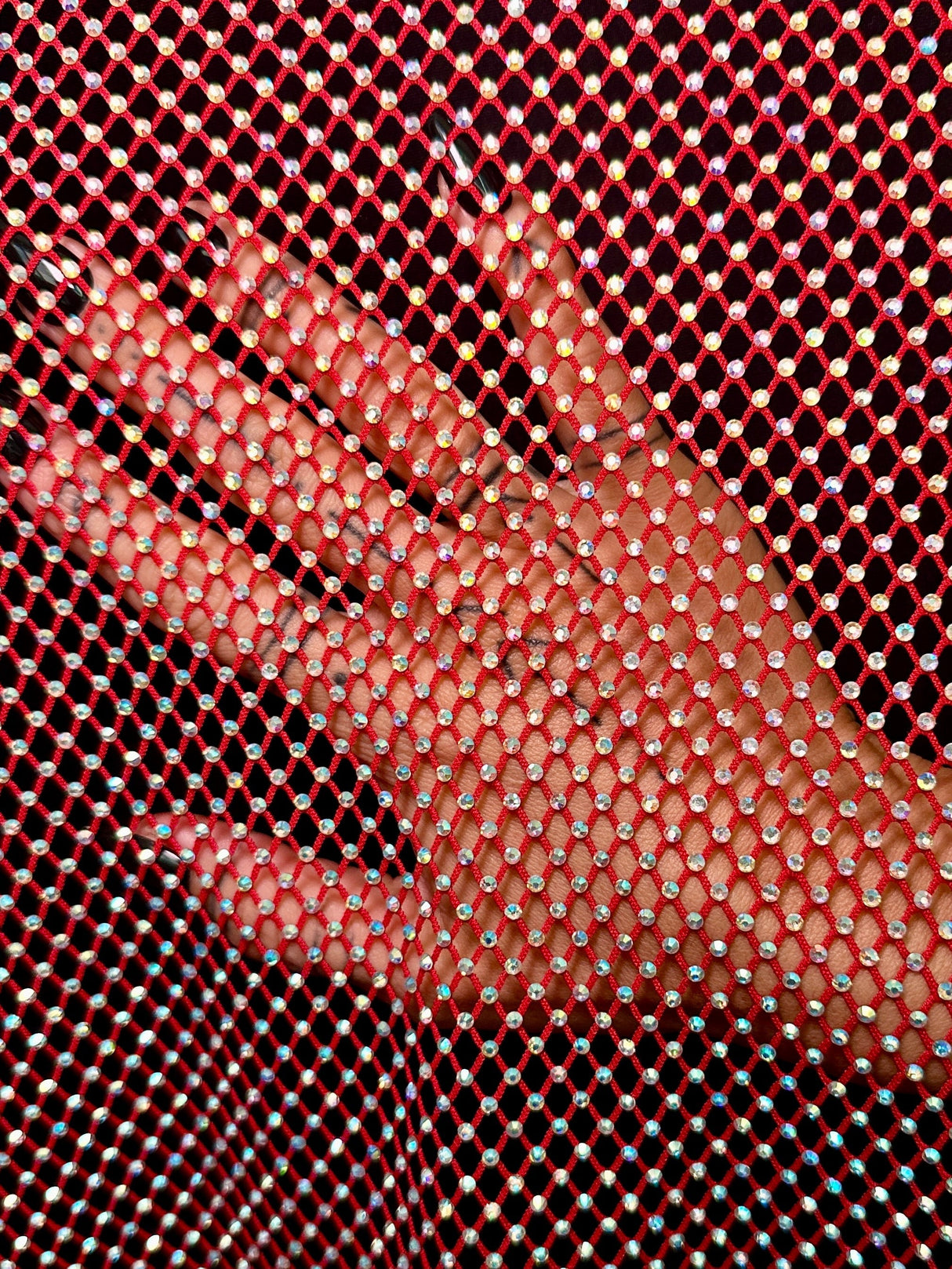 Rhinestone Fishnet Mesh Red