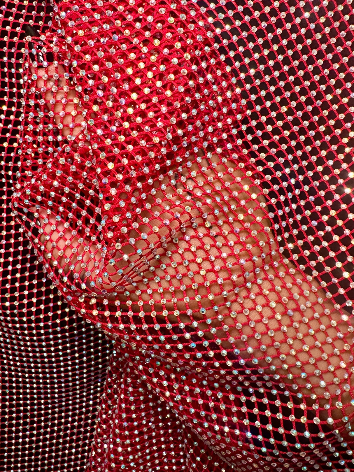 Rhinestone Fishnet Mesh Red