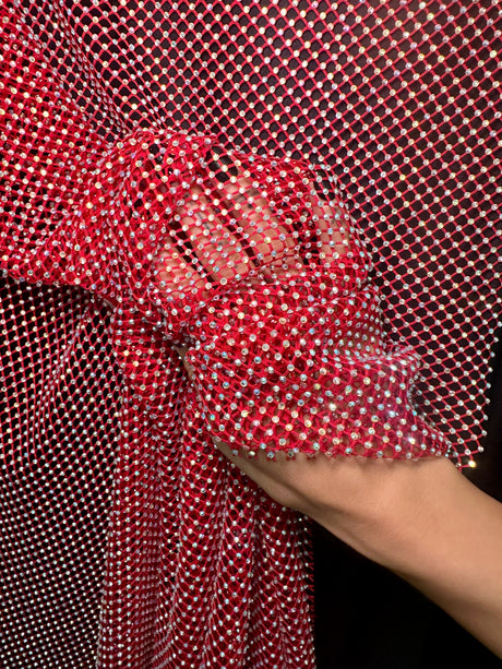 Rhinestone Fishnet Mesh Red