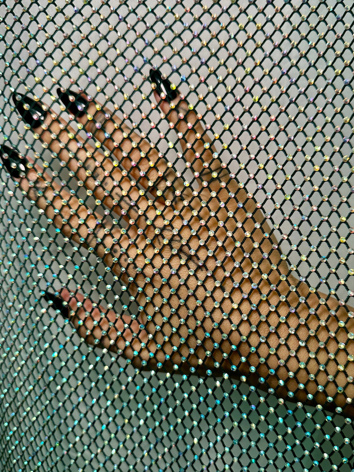 Rhinestone Diamond Fishnet Mesh Hunter Green