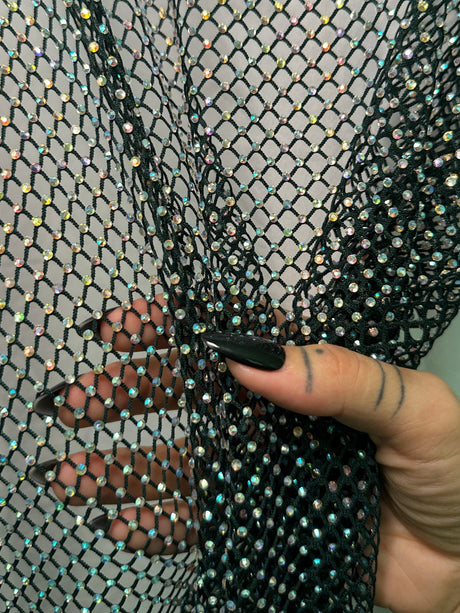 Rhinestone Diamond Fishnet Mesh Hunter Green