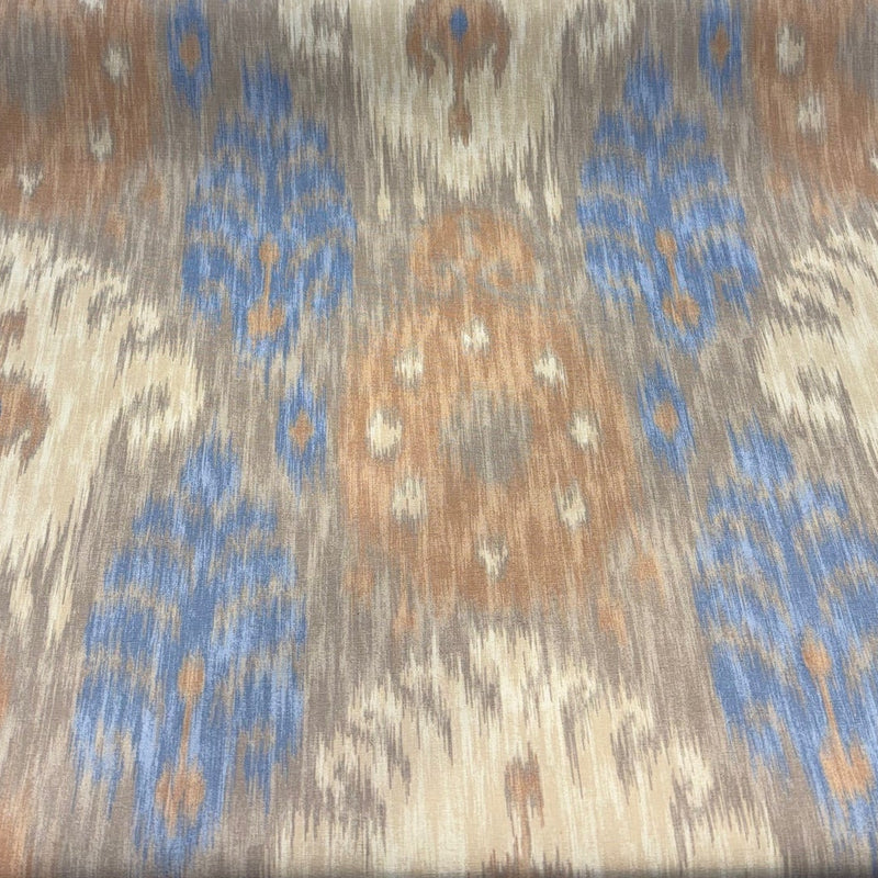 Blue Tan Ikat Cotton Fabric - Blue Tan Ikat Print, Drapery Upholstery Home Accent (1 Yard)