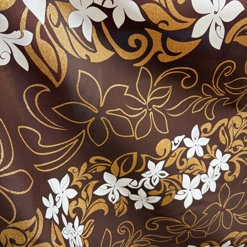 Tiare Garden Glitter Polyester Fabric - Various Color Background, White And Glitter Gold Floral Plumeria Design, 60" Width (1 Yard)