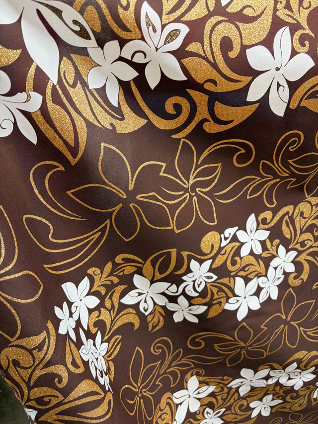 Tiare Garden Glitter Polyester Fabric - Various Color Background, White And Glitter Gold Floral Plumeria Design, 60" Width (1 Yard)