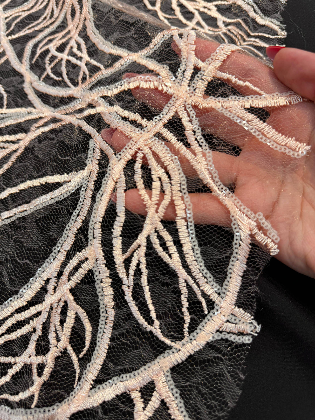 Stretch Sequin Embroidered Mesh Peach
