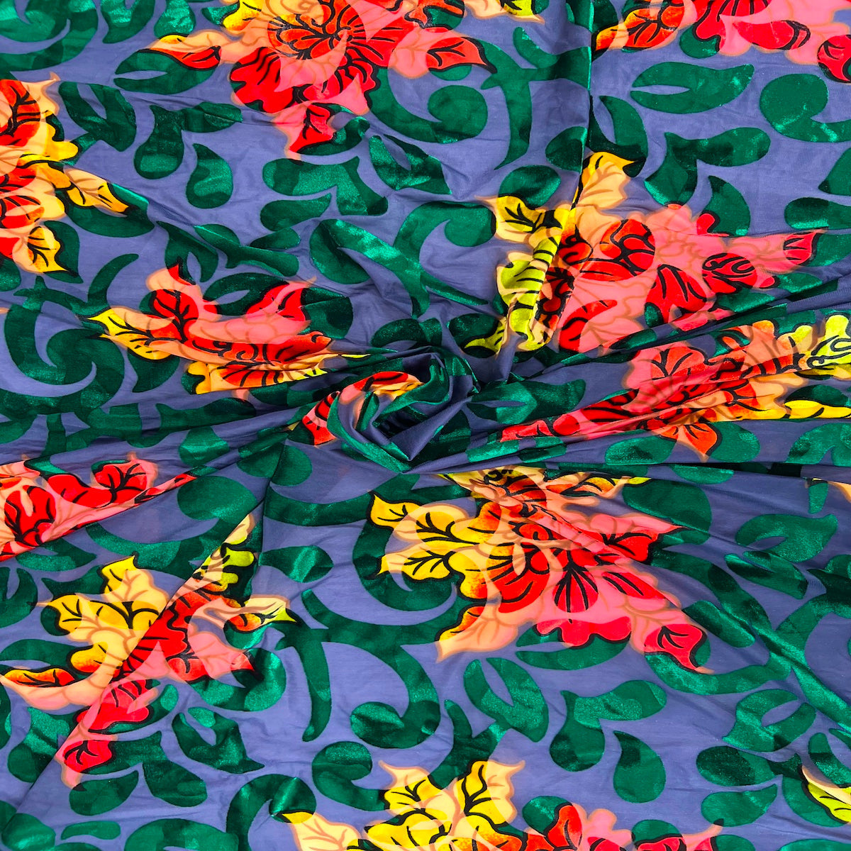 Bombay Multicolor Floral Burnout Stretch Velvet Fabric - Multicolor Floral Burnout, 58" Width (1 Yard)