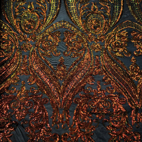 Catina Damask Stretch Sequins Nylon Spandex Mesh Fabric - Iridescent Sequin Damask, 60" Width, 52" Sequin Width (1 Yard)