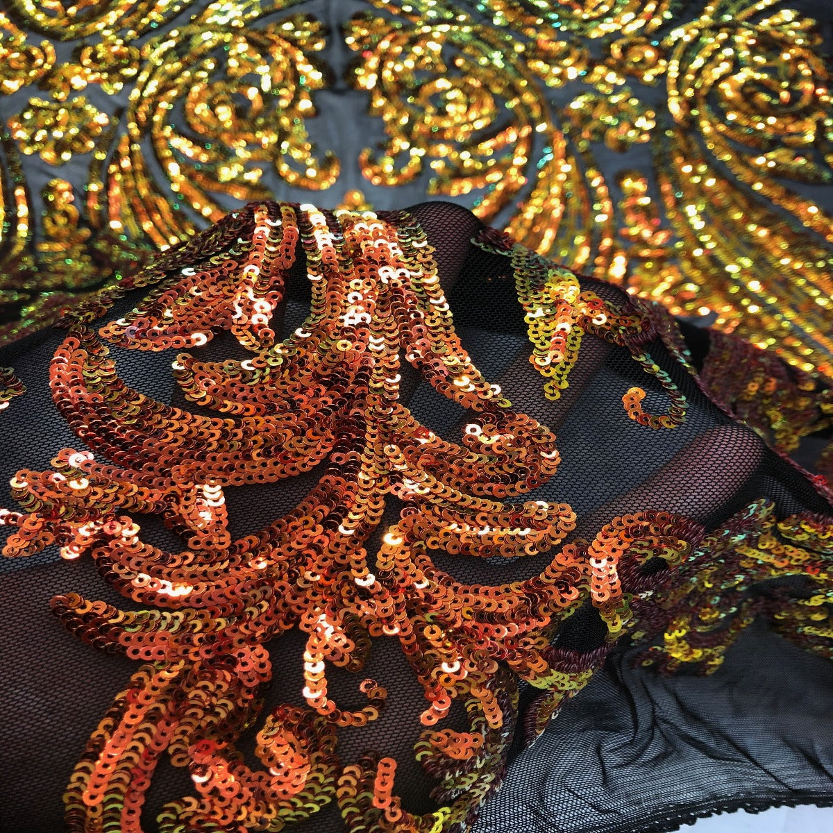 Catina Damask Stretch Sequins Nylon Spandex Mesh Fabric - Iridescent Sequin Damask, 60" Width, 52" Sequin Width (1 Yard)
