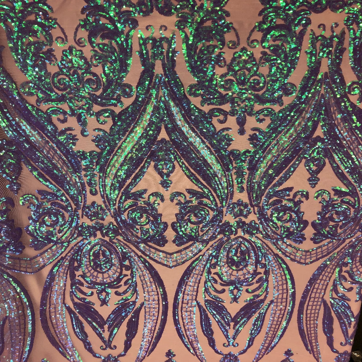 Catina Damask Stretch Sequins Nylon Spandex Mesh Fabric - Iridescent Sequin Damask, 60" Width, 52" Sequin Width (1 Yard)
