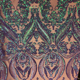 Catina Damask Stretch Sequins Nylon Spandex Mesh Fabric - Iridescent Sequin Damask, 60" Width, 52" Sequin Width (1 Yard)