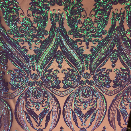 Catina Damask Stretch Sequins Nylon Spandex Mesh Fabric - Iridescent Sequin Damask, 60" Width, 52" Sequin Width (1 Yard)