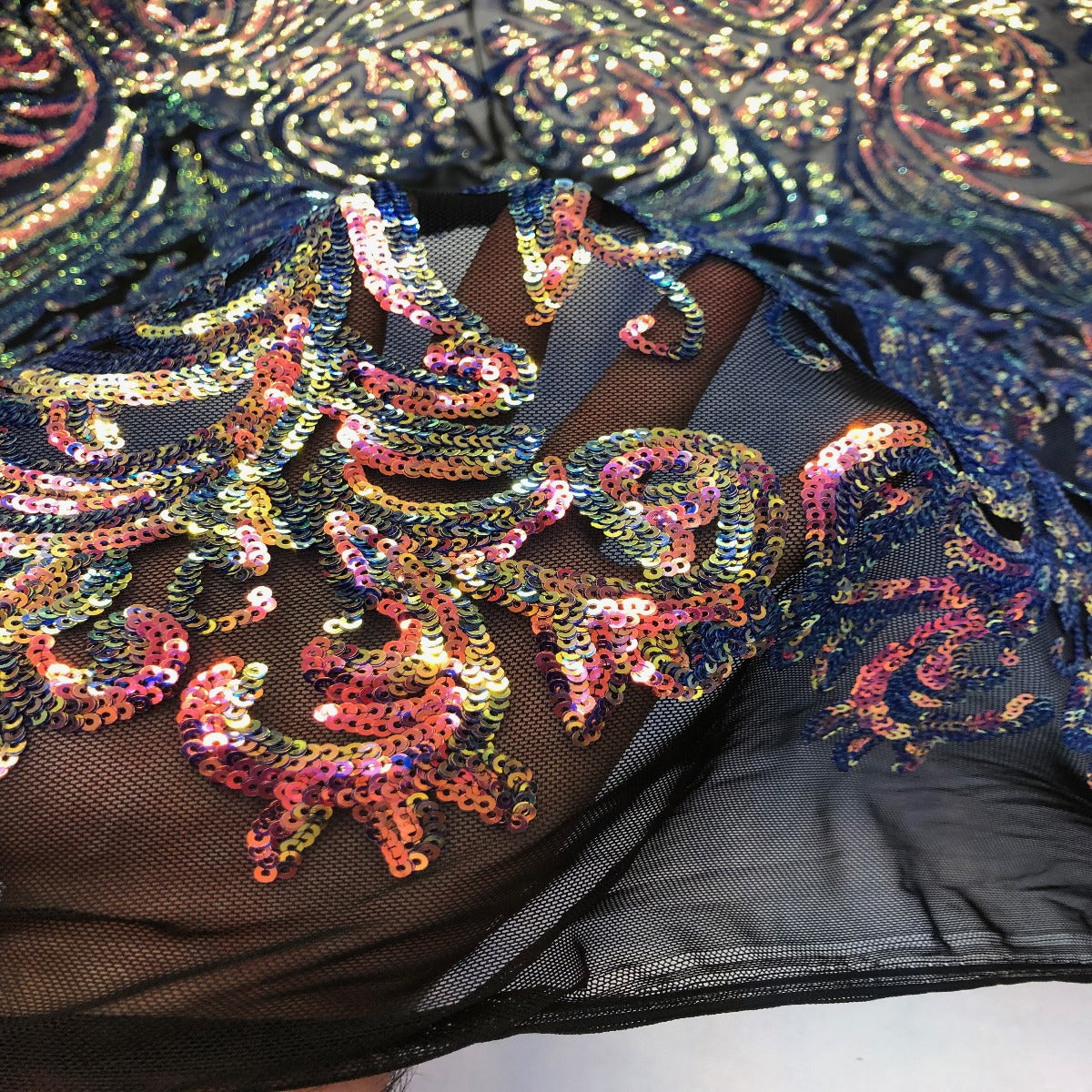 Catina Damask Stretch Sequins Nylon Spandex Mesh Fabric - Iridescent Sequin Damask, 60" Width, 52" Sequin Width (1 Yard)