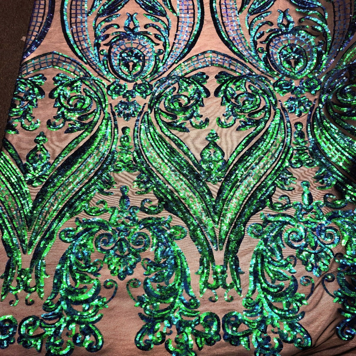 Catina Damask Stretch Sequins Nylon Spandex Mesh Fabric - Iridescent Sequin Damask, 60" Width, 52" Sequin Width (1 Yard)