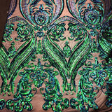 Catina Damask Stretch Sequins Nylon Spandex Mesh Fabric - Iridescent Sequin Damask, 60" Width, 52" Sequin Width (1 Yard)