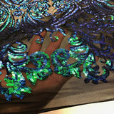 Catina Damask Stretch Sequins Nylon Spandex Mesh Fabric - Iridescent Sequin Damask, 60" Width, 52" Sequin Width (1 Yard)