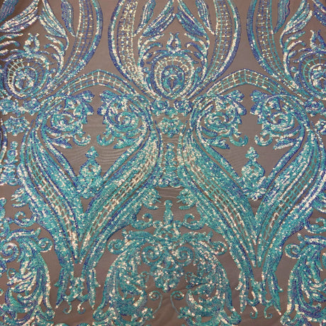 Catina Damask Stretch Sequins Nylon Spandex Mesh Fabric - Iridescent Sequin Damask, 60" Width, 52" Sequin Width (1 Yard)
