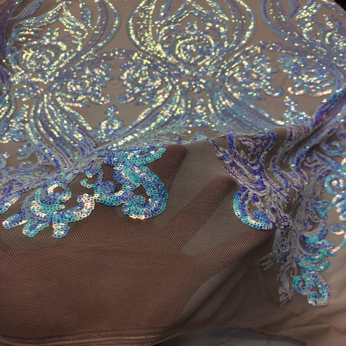 Catina Damask Stretch Sequins Nylon Spandex Mesh Fabric - Iridescent Sequin Damask, 60" Width, 52" Sequin Width (1 Yard)