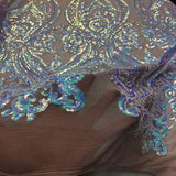Catina Damask Stretch Sequins Nylon Spandex Mesh Fabric - Iridescent Sequin Damask, 60" Width, 52" Sequin Width (1 Yard)