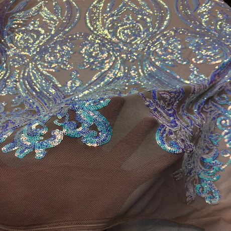Catina Damask Stretch Sequins Nylon Spandex Mesh Fabric - Iridescent Sequin Damask, 60" Width, 52" Sequin Width (1 Yard)