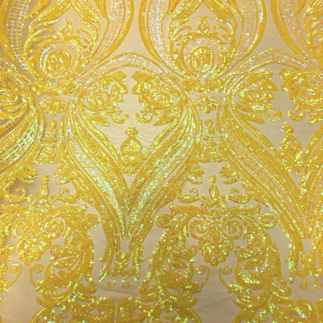 Catina Damask Stretch Sequins Nylon Spandex Mesh Fabric - Iridescent Sequin Damask, 60" Width, 52" Sequin Width (1 Yard)