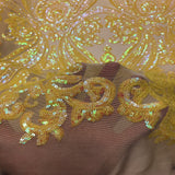Catina Damask Stretch Sequins Nylon Spandex Mesh Fabric - Iridescent Sequin Damask, 60" Width, 52" Sequin Width (1 Yard)