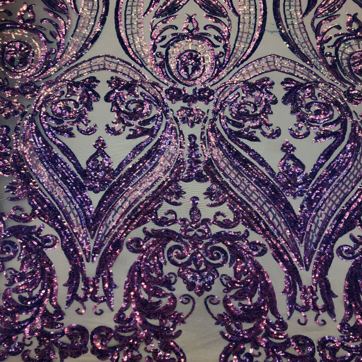 Catina Damask Stretch Sequins Nylon Spandex Mesh Fabric - Iridescent Sequin Damask, 60" Width, 52" Sequin Width (1 Yard)