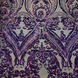 Catina Damask Stretch Sequins Nylon Spandex Mesh Fabric - Iridescent Sequin Damask, 60" Width, 52" Sequin Width (1 Yard)