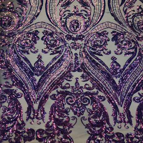 Catina Damask Stretch Sequins Nylon Spandex Mesh Fabric - Iridescent Sequin Damask, 60" Width, 52" Sequin Width (1 Yard)