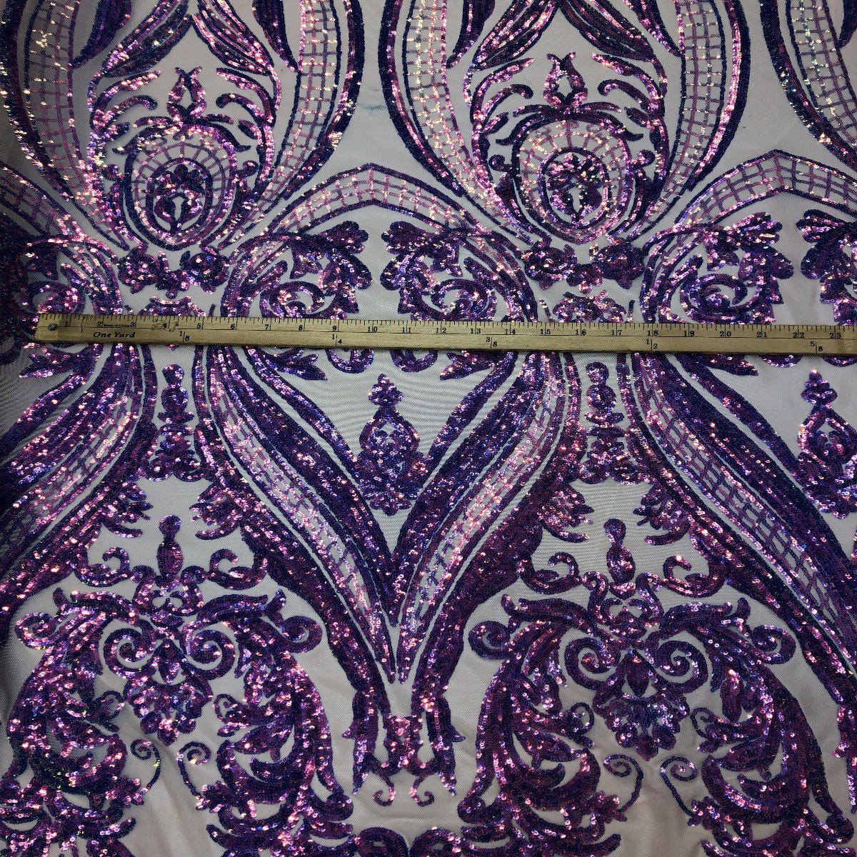 Catina Damask Stretch Sequins Nylon Spandex Mesh Fabric - Iridescent Sequin Damask, 60" Width, 52" Sequin Width (1 Yard)