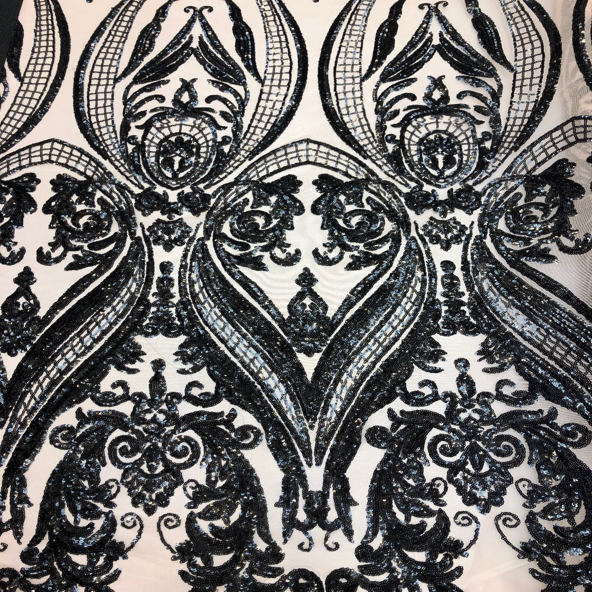 Catina Damask Stretch Sequins Nylon Spandex Mesh Fabric - Iridescent Sequin Damask, 60" Width, 52" Sequin Width (1 Yard)
