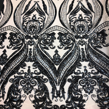 Catina Damask Stretch Sequins Nylon Spandex Mesh Fabric - Iridescent Sequin Damask, 60" Width, 52" Sequin Width (1 Yard)