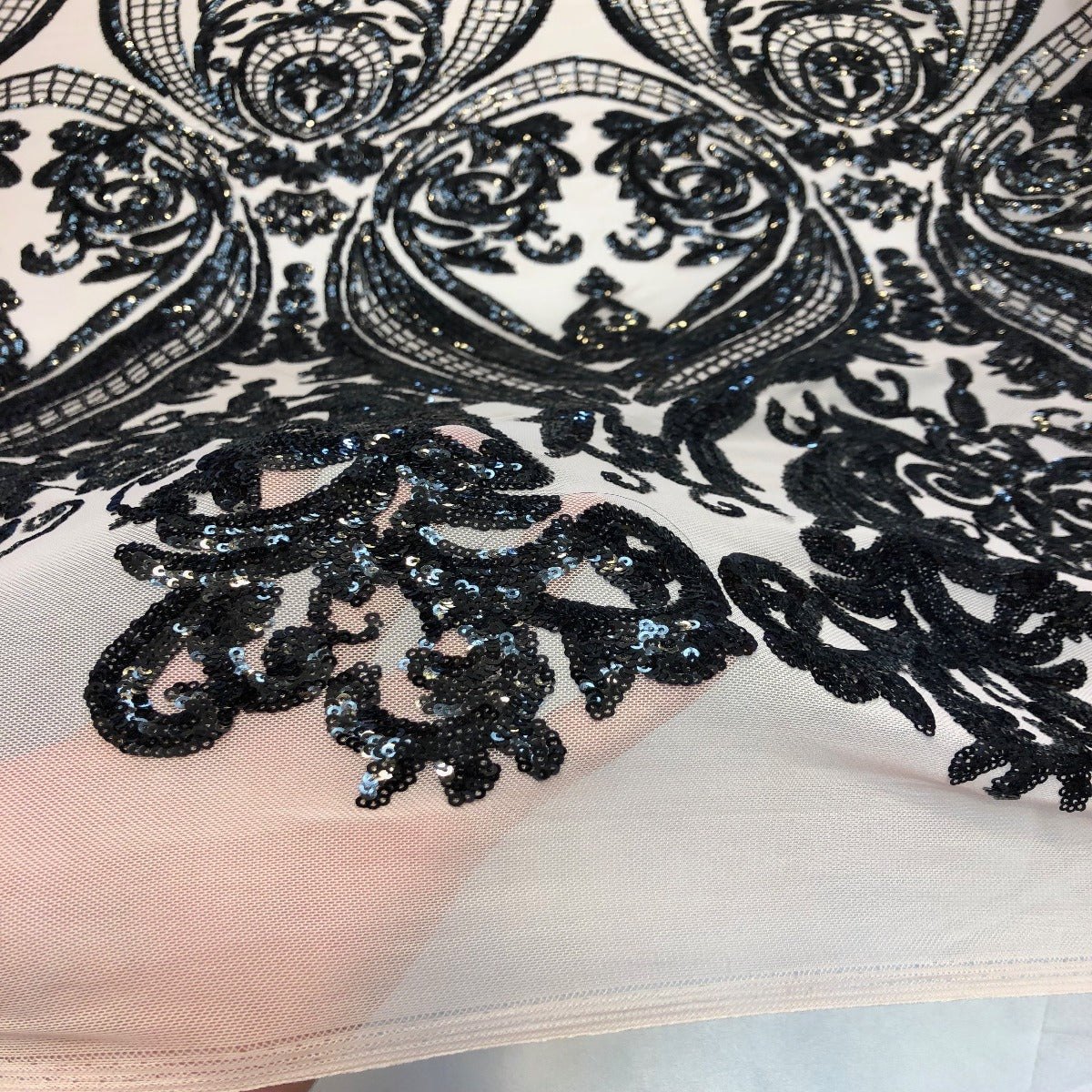 Catina Damask Stretch Sequins Nylon Spandex Mesh Fabric - Iridescent Sequin Damask, 60" Width, 52" Sequin Width (1 Yard)