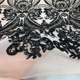 Catina Damask Stretch Sequins Nylon Spandex Mesh Fabric - Iridescent Sequin Damask, 60" Width, 52" Sequin Width (1 Yard)