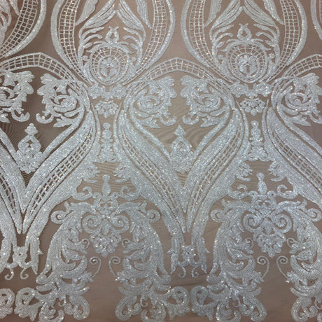 Catina Damask Stretch Sequins Nylon Spandex Mesh Fabric - Iridescent Sequin Damask, 60" Width, 52" Sequin Width (1 Yard)