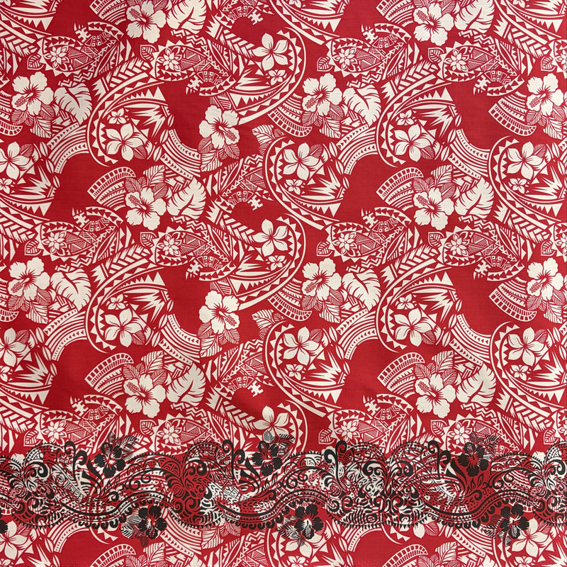 Polynesian Hibiscus & Plumeria Flowers Traditional Tattoo Poly-Cotton Fabric - Single Border, Red, Grey, Brown, Green, 45" Width (1 Yard)