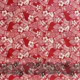 Polynesian Hibiscus & Plumeria Flowers Traditional Tattoo Poly-Cotton Fabric - Single Border, Red, Grey, Brown, Green, 45" Width (1 Yard)