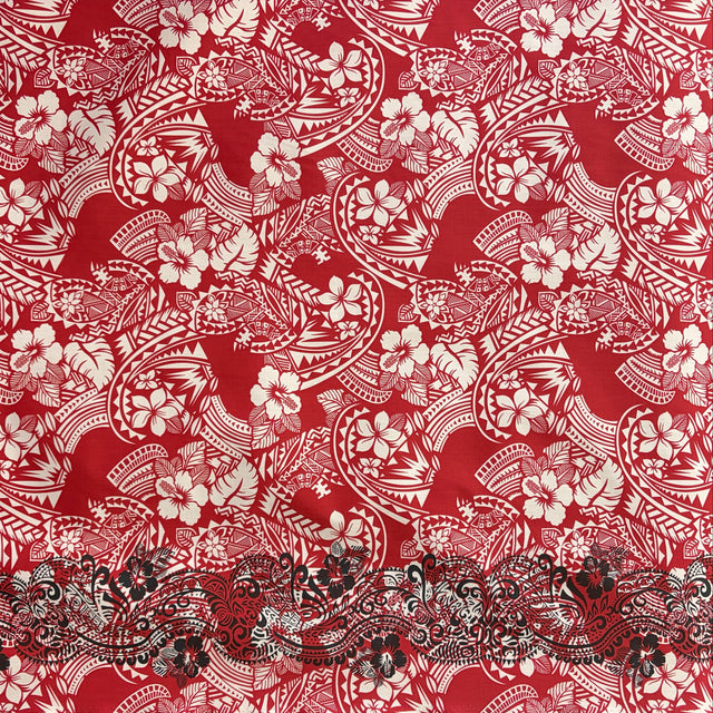 Polynesian Hibiscus & Plumeria Flowers Traditional Tattoo Poly-Cotton Fabric - Single Border, Red, Grey, Brown, Green, 45" Width (1 Yard)