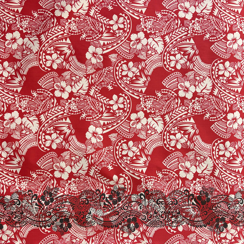 Polynesian Hibiscus & Plumeria Flowers Poly-Cotton Fabric - Traditional Tattoo Single Border, 45" Width (1 Yard)