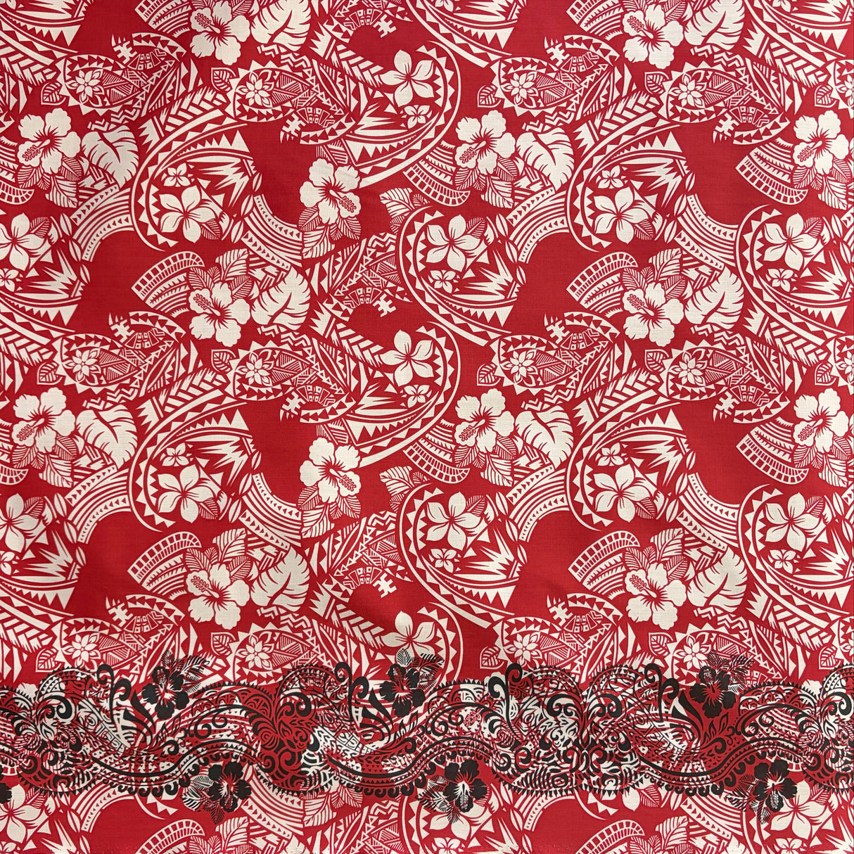 Polynesian Hibiscus & Plumeria Flowers Poly-Cotton Fabric - Traditional Tattoo Single Border, 45" Width (1 Yard)