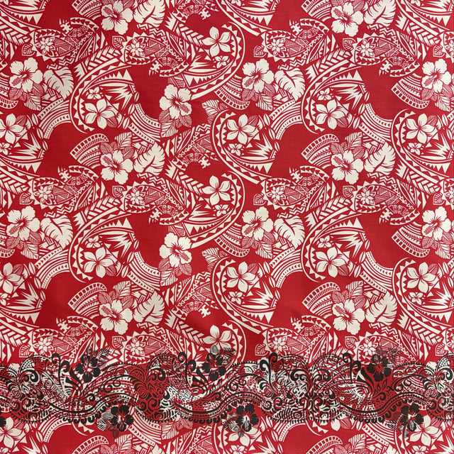 Polynesian Hibiscus & Plumeria Flowers Poly-Cotton Fabric - Traditional Tattoo Single Border, 45" Width (1 Yard)