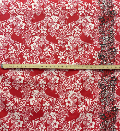 Polynesian Hibiscus & Plumeria Flowers Poly-Cotton Fabric - Traditional Tattoo Single Border, 45" Width (1 Yard)