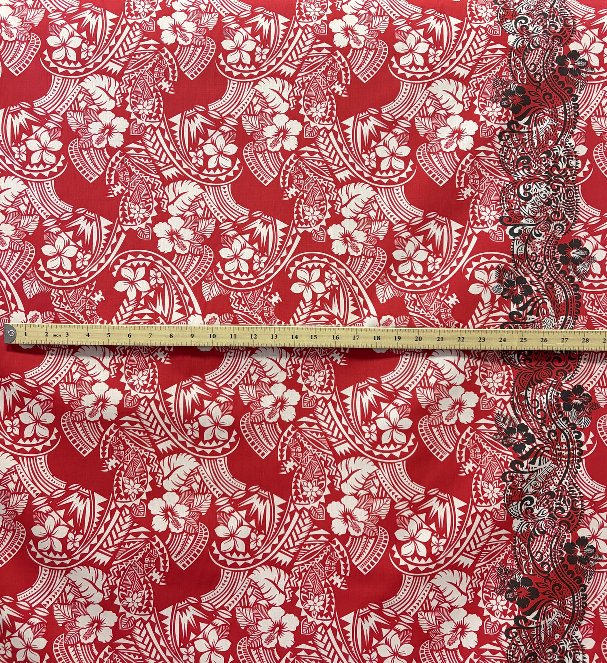 Polynesian Hibiscus & Plumeria Flowers Traditional Tattoo Poly-Cotton Fabric - Single Border, Red, Grey, Brown, Green, 45" Width (1 Yard)