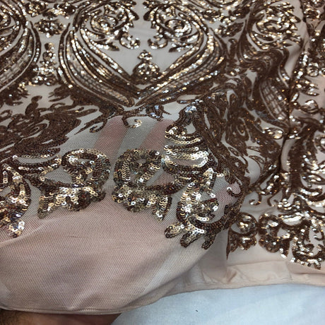 Catina Damask Stretch Sequins Nylon Spandex Mesh Fabric - Iridescent Sequin Damask, 60" Width, 52" Sequin Width (1 Yard)
