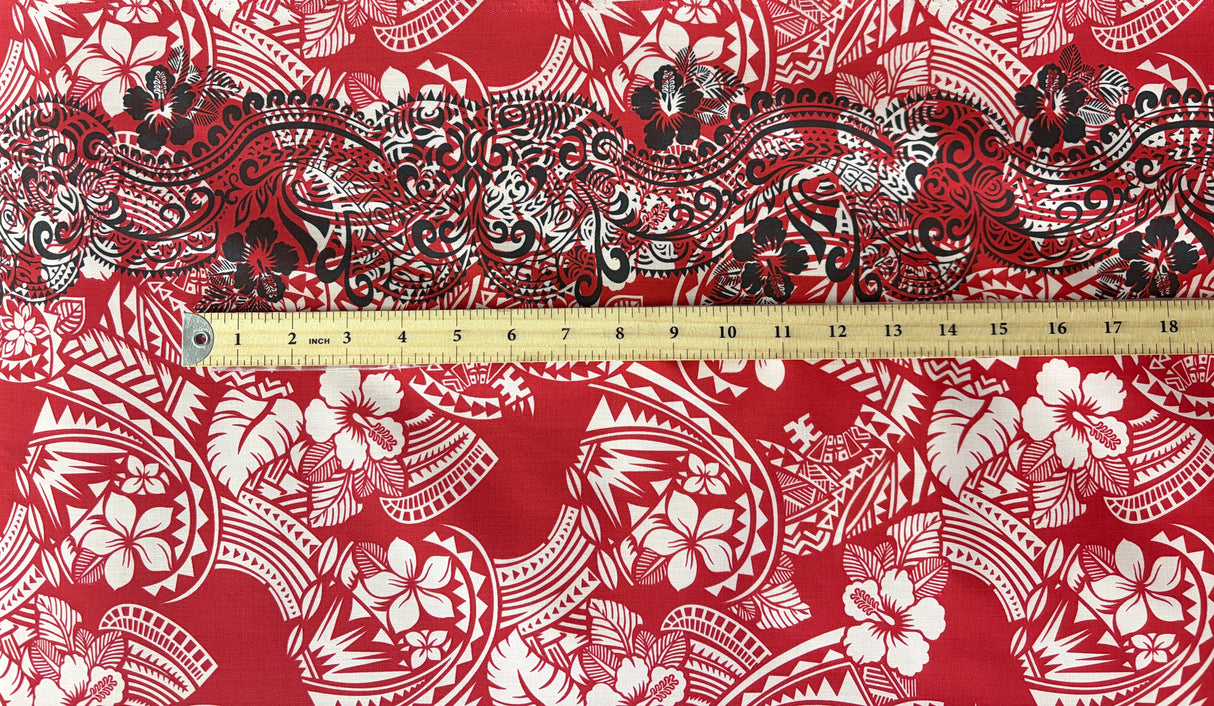 Polynesian Hibiscus & Plumeria Flowers Poly-Cotton Fabric - Traditional Tattoo Single Border, 45" Width (1 Yard)