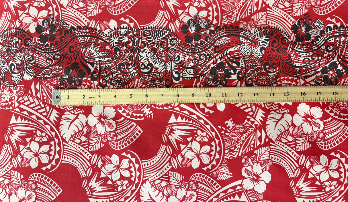 Polynesian Hibiscus & Plumeria Flowers Traditional Tattoo Poly-Cotton Fabric - Single Border, Red, Grey, Brown, Green, 45" Width (1 Yard)