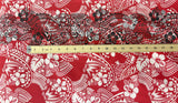 Polynesian Hibiscus & Plumeria Flowers Traditional Tattoo Poly-Cotton Fabric - Single Border, Red, Grey, Brown, Green, 45" Width (1 Yard)